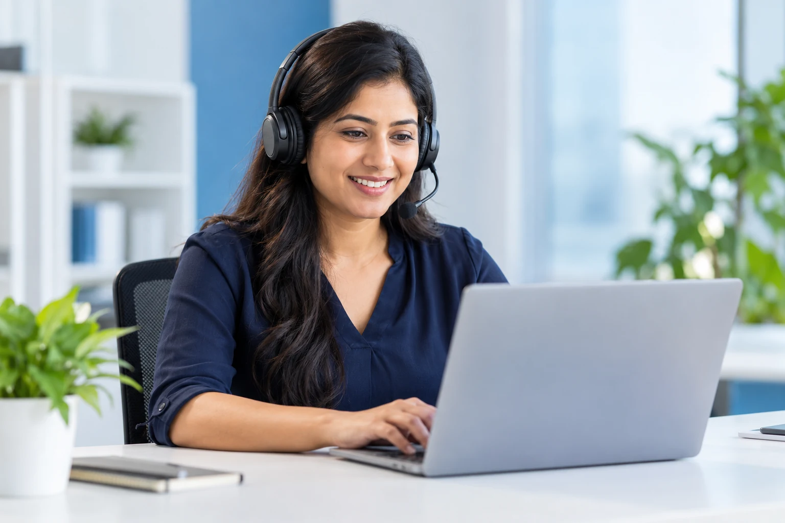 Woman wearing a headset while working at a laptop in a bright office