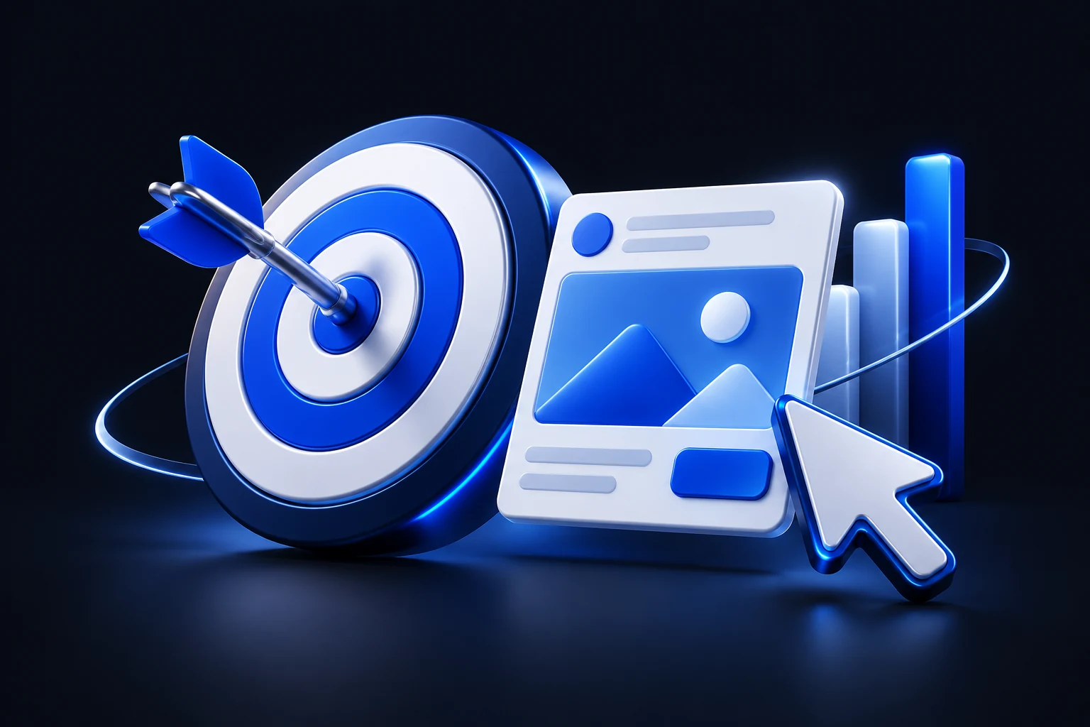 3D performance marketing illustration with campaign targeting and advertising elements