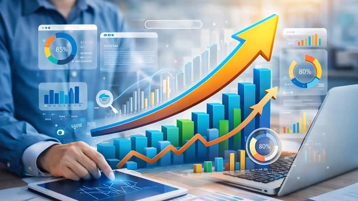 Illustration of rising charts, growth arrows and digital marketing analytics