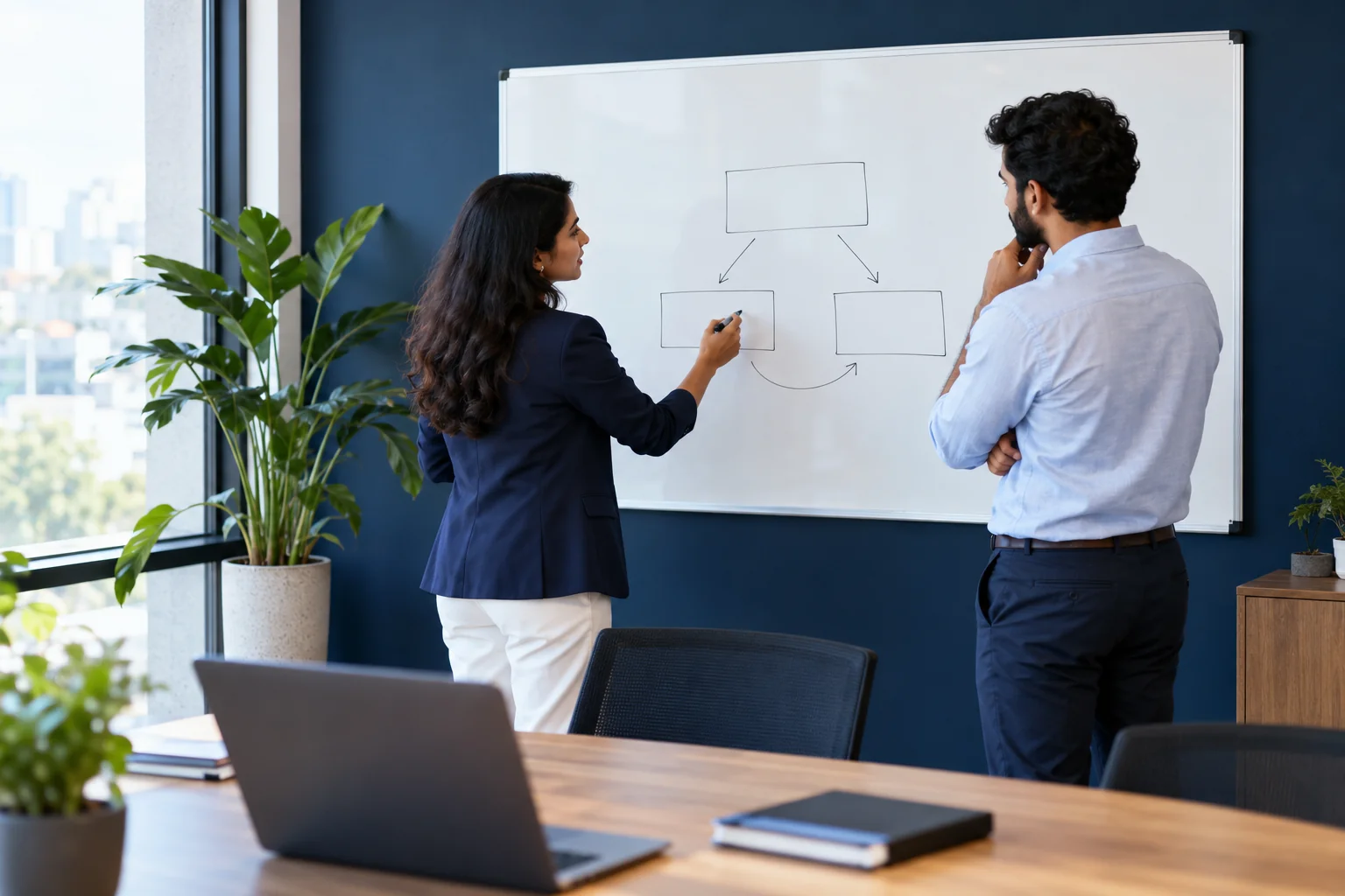 Marketing strategy session at an office whiteboard