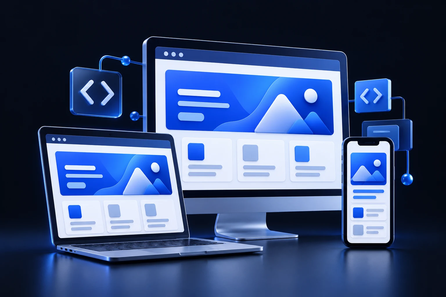 3D website development illustration with responsive desktop and mobile layouts
